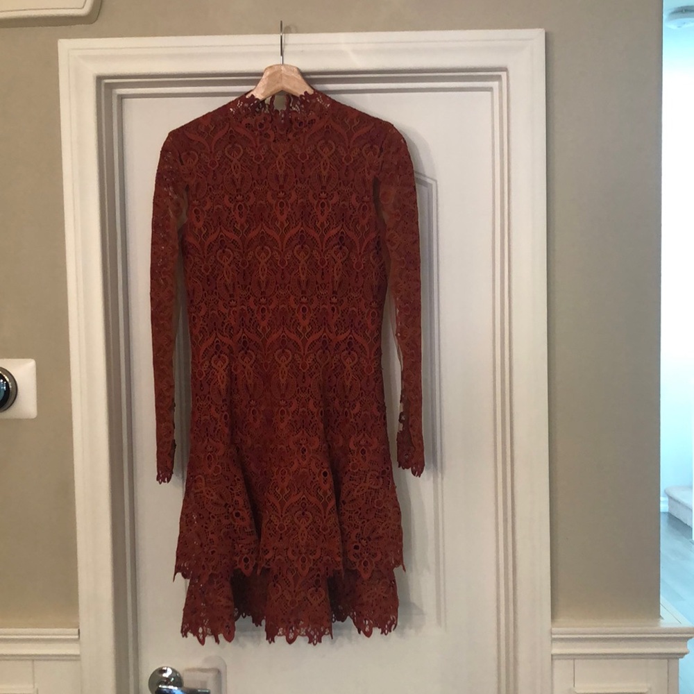 Simkhai guipure long sleeve lace dress with tiered skirt